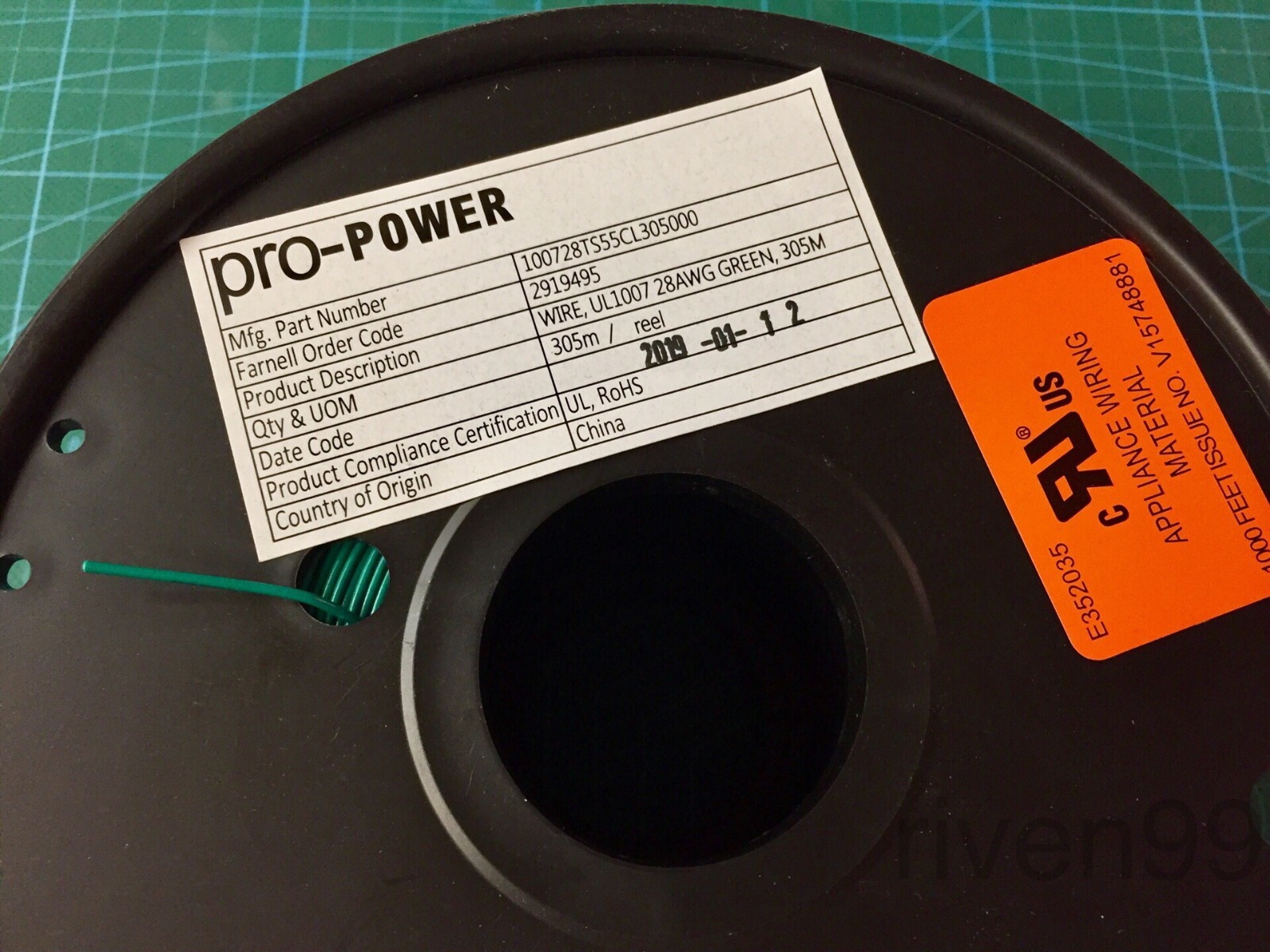 PRO POWER 28AWG UL1007 1C Hook-up Wire, 80C, 300V, GREEN, 305m, 1000ft Spool