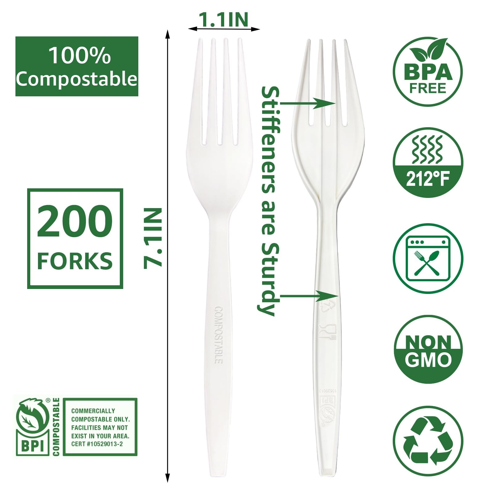 MISISIPI [7.1In 200Pcs] 100% Compostable Forks Biodegradable 7In, White