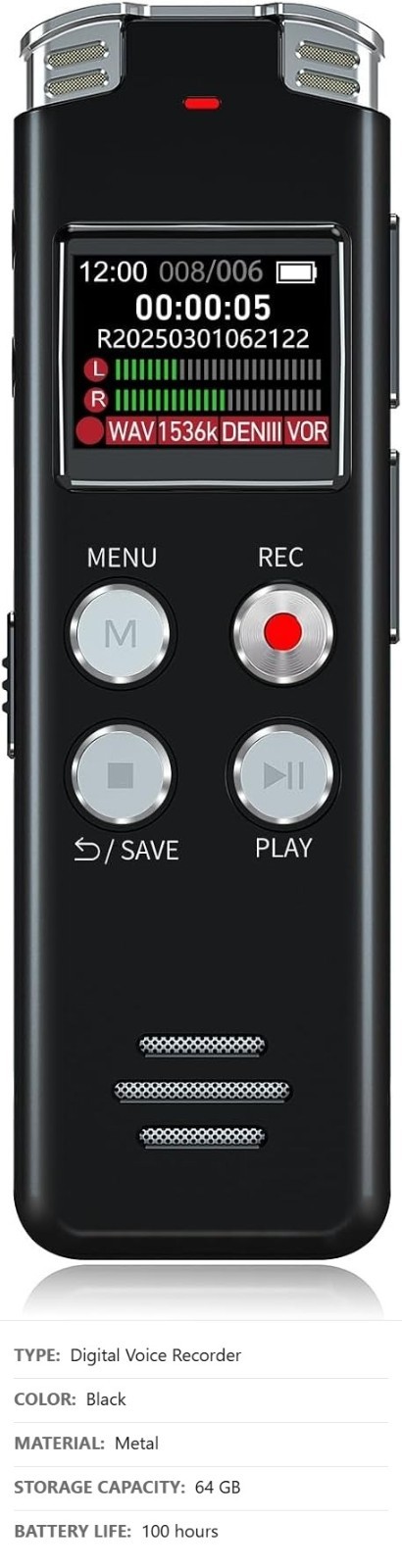 Digital Voice Recorder, 64GB, Voice Activated, Playback, USB Type-C, MP3 WAV