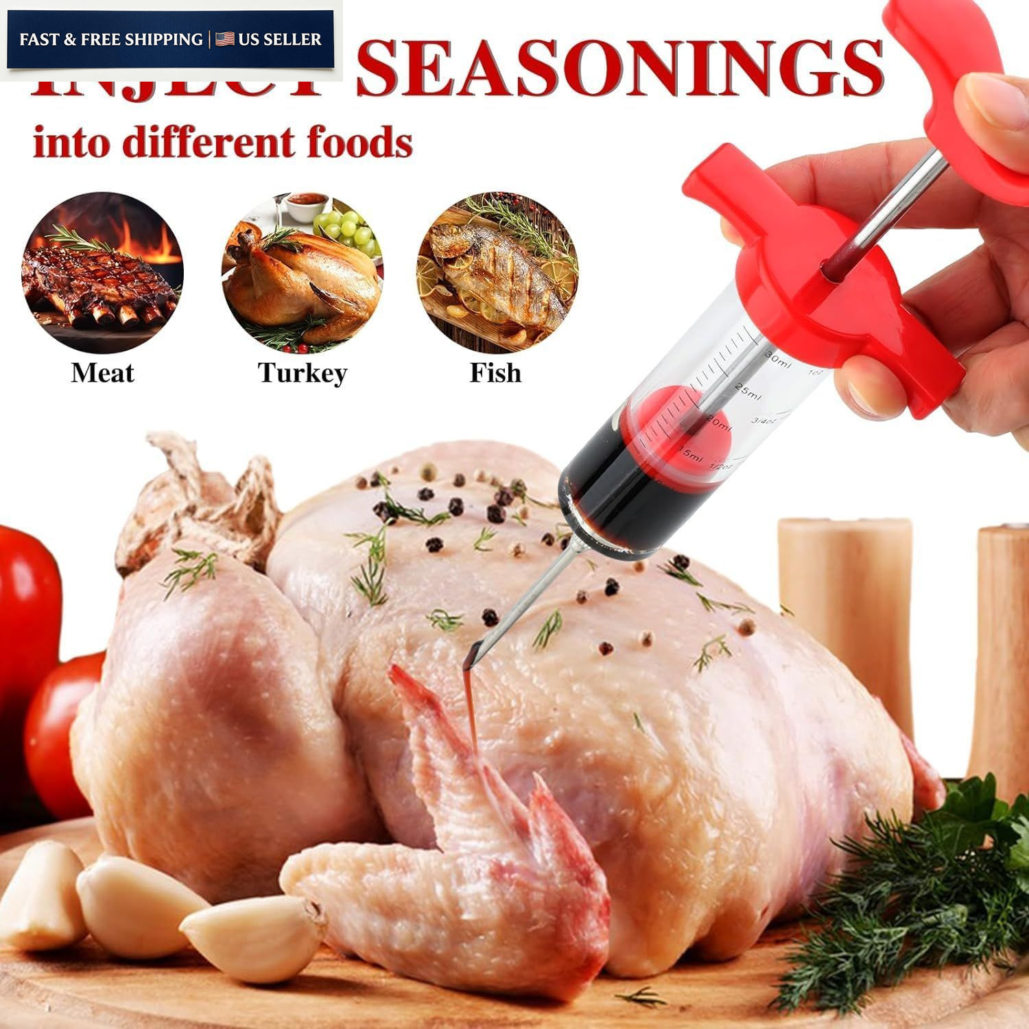 Meat Injector Syringe, 1-oz Plastic Marinade Turkey 1OZ Large, Red