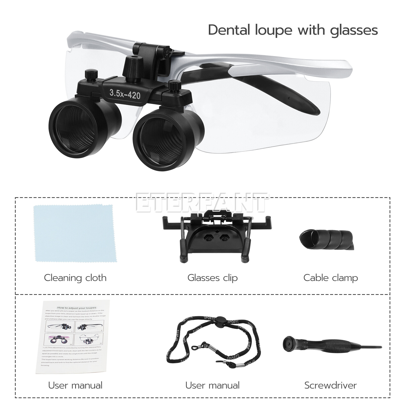 ETERFANT Dental 3.5X HD Binocular Magnifier Loupes Silver+5W LED Head Light Lamp