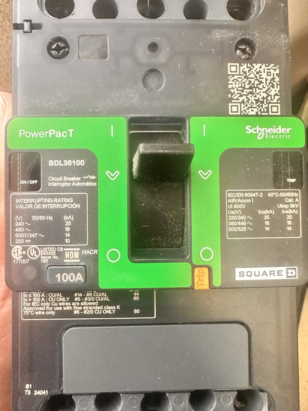 Square D PowerPact BDL36100 100A 3-Pole AC Circuit Breaker 451-500V
