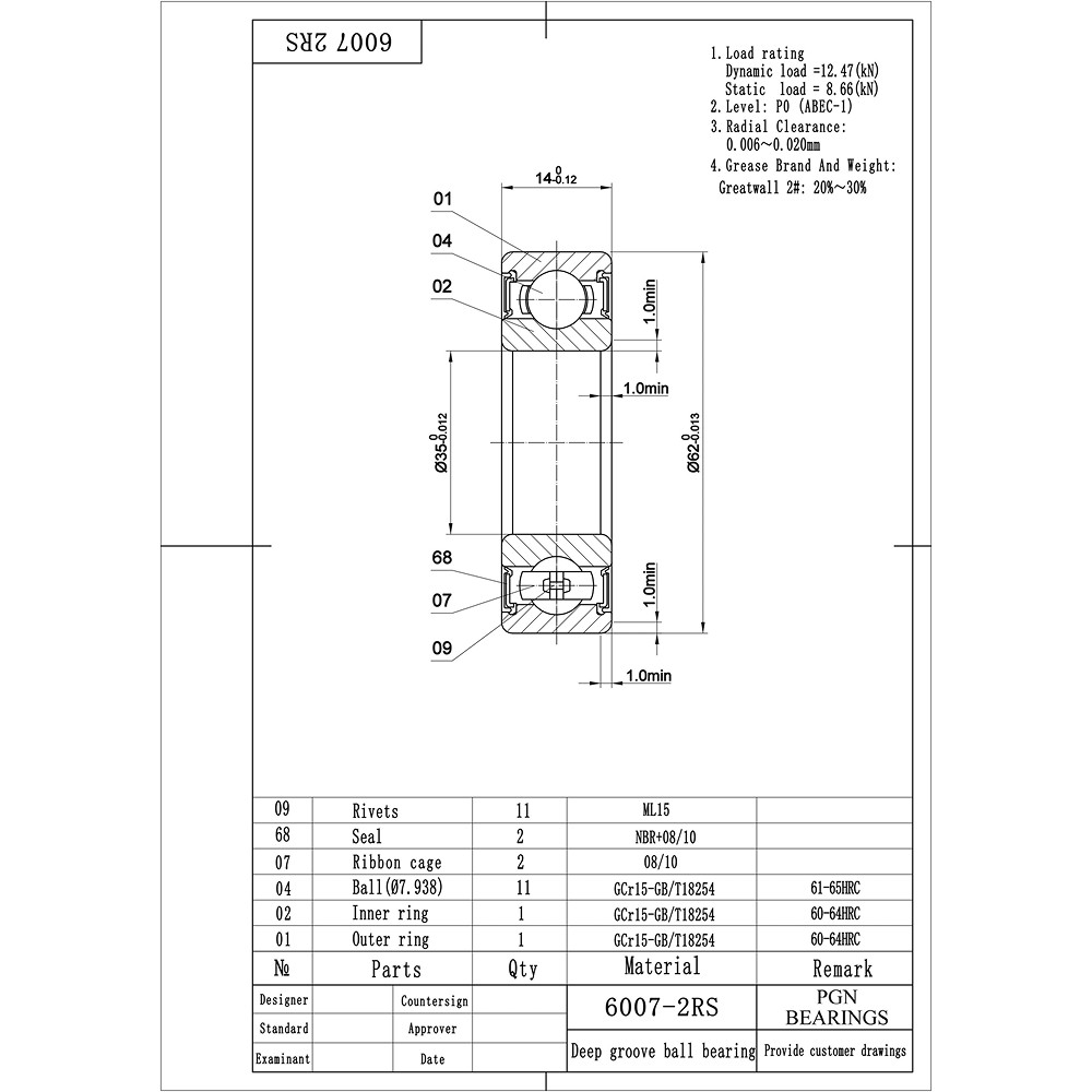 (100) 6007-2RS Premium Rubber Seal Ball Bearing C3 EMQ, 35x62x14 6007 2RS 6007rs