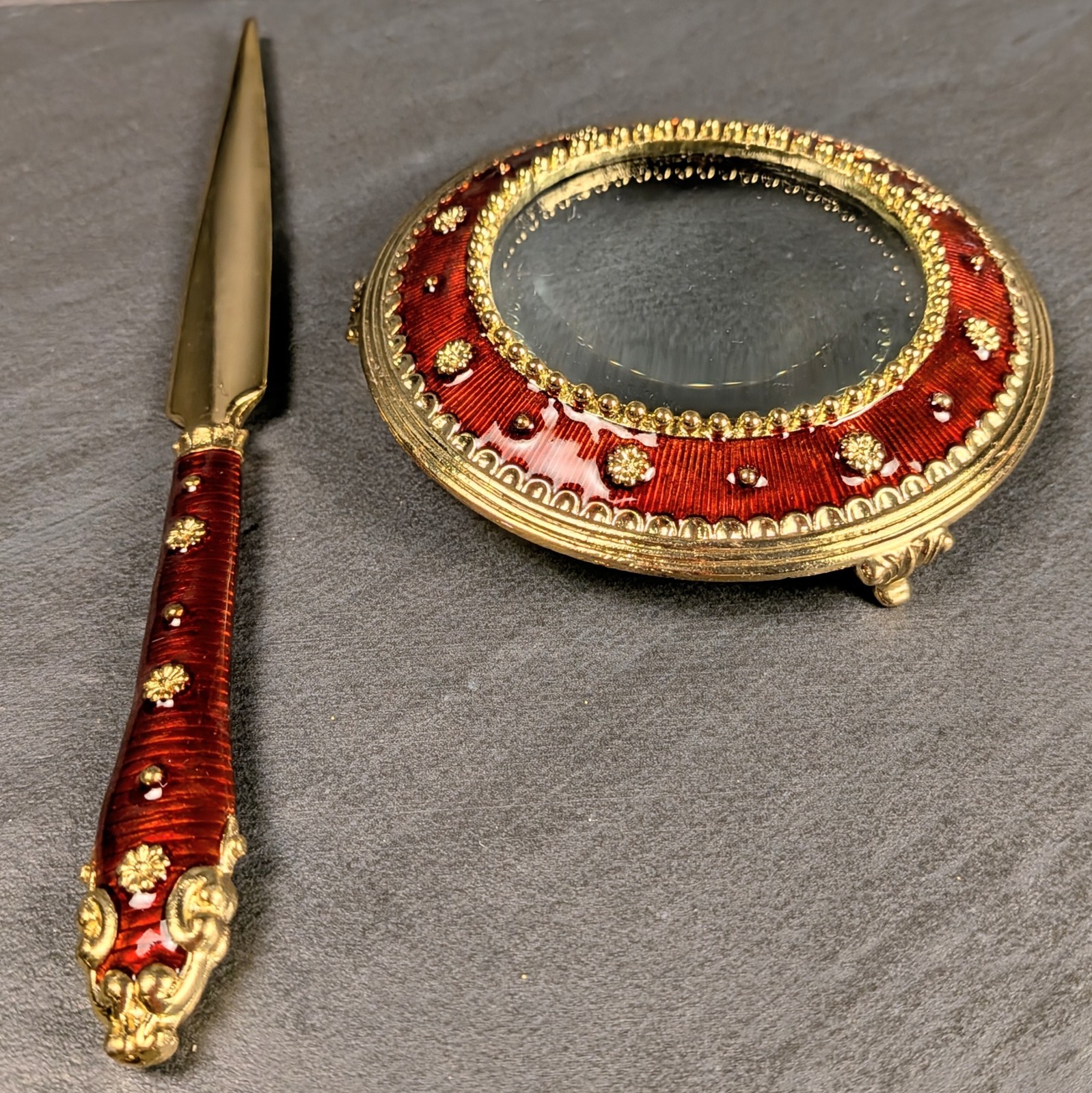 Vintage Bombay Co Red Enamel Magnifying Glass Letter Opener Set Boxed