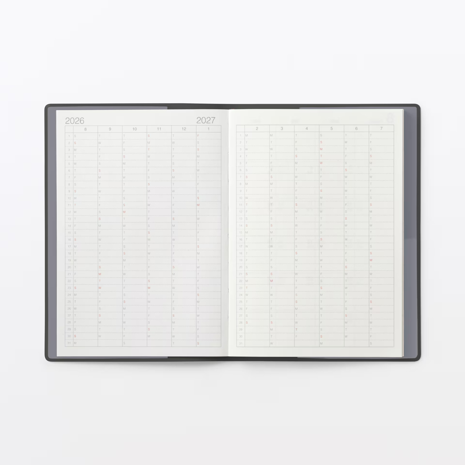 Muji 2026 August Start Monthly Weekly Planner Dark-Grey A6/B6/A5/B5