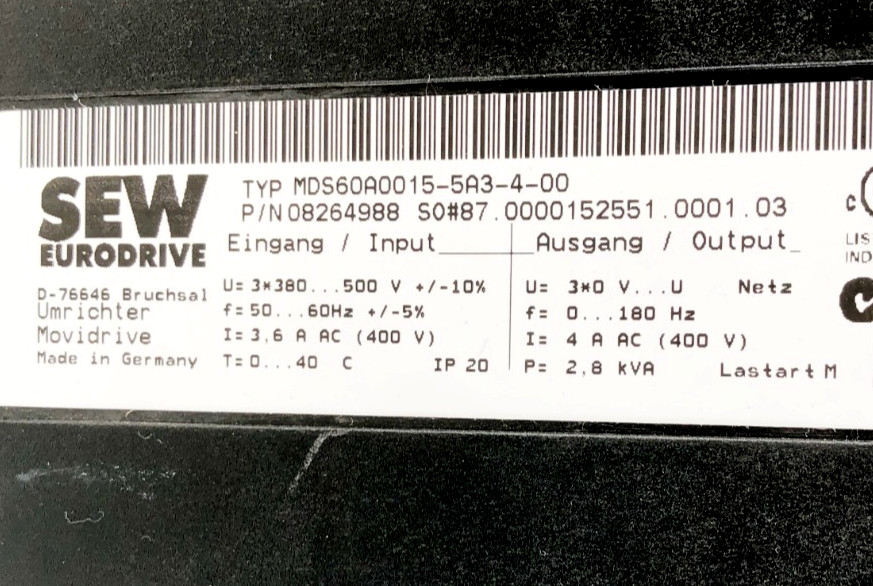 SEW Eurodrive MDS60A0015-5A3-4-00 Drive Inverter 08264988