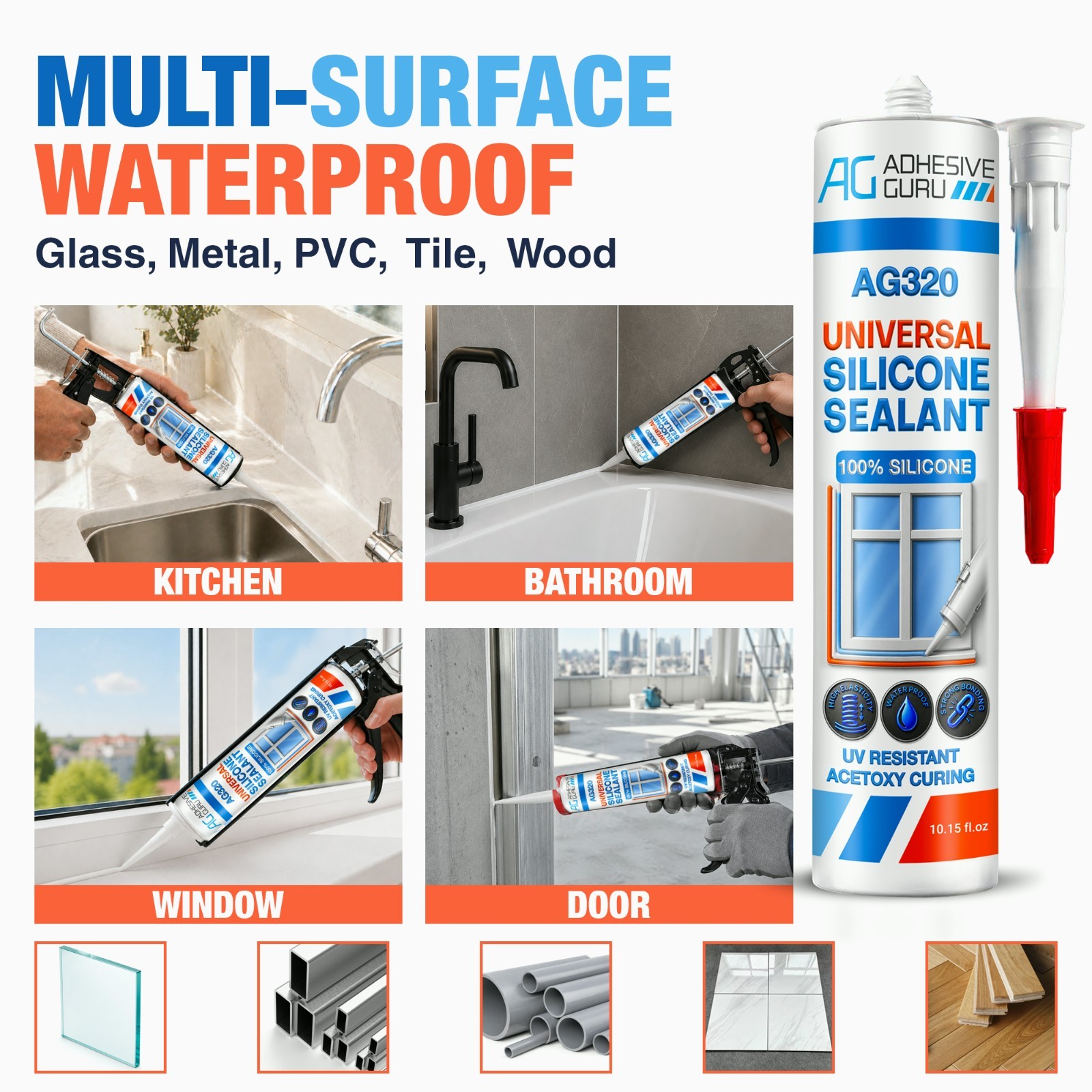 Adhesive Guru Universal Silicone Sealant Fast Cure, 10.15 fl.oz. 12 Pack