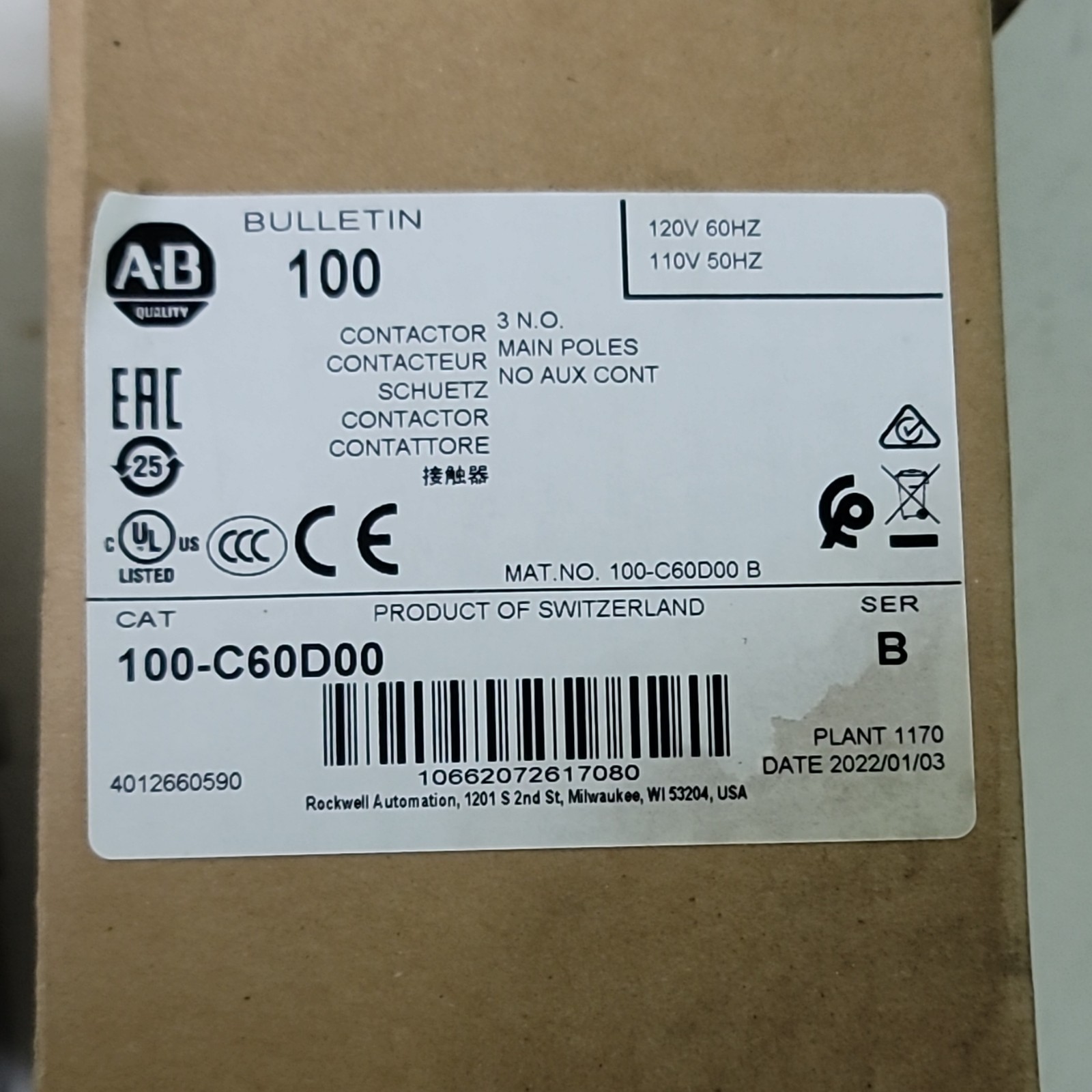 Allen-Bradley 100-C60D00 Bulletin 100 IEC Contactor 100A 3-Pole 120V Coil AC-3
