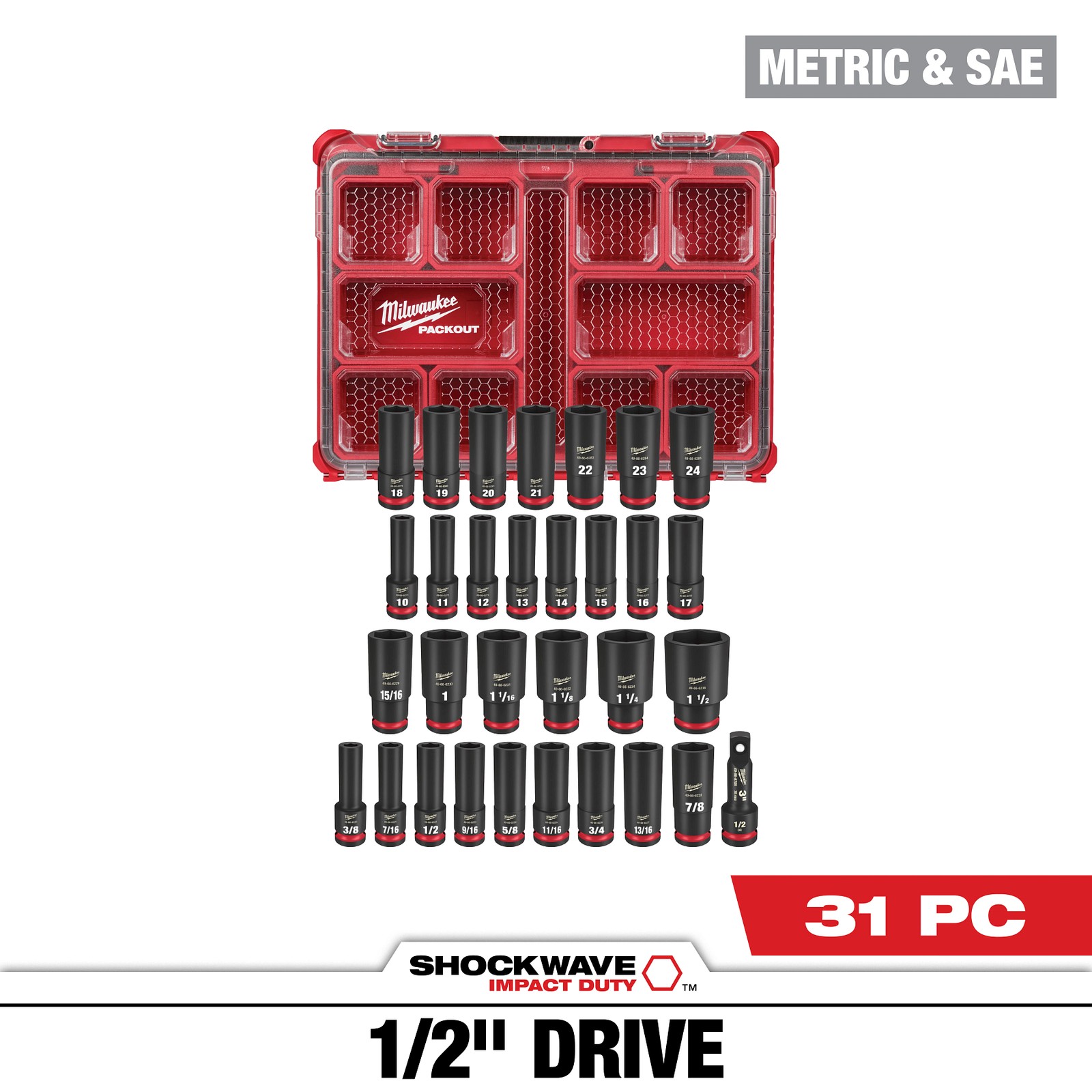 Milwaukee Tool 49-66-6806 31Pc SHOCKWAVE Impact Duty Socket 1/2” Drive Set