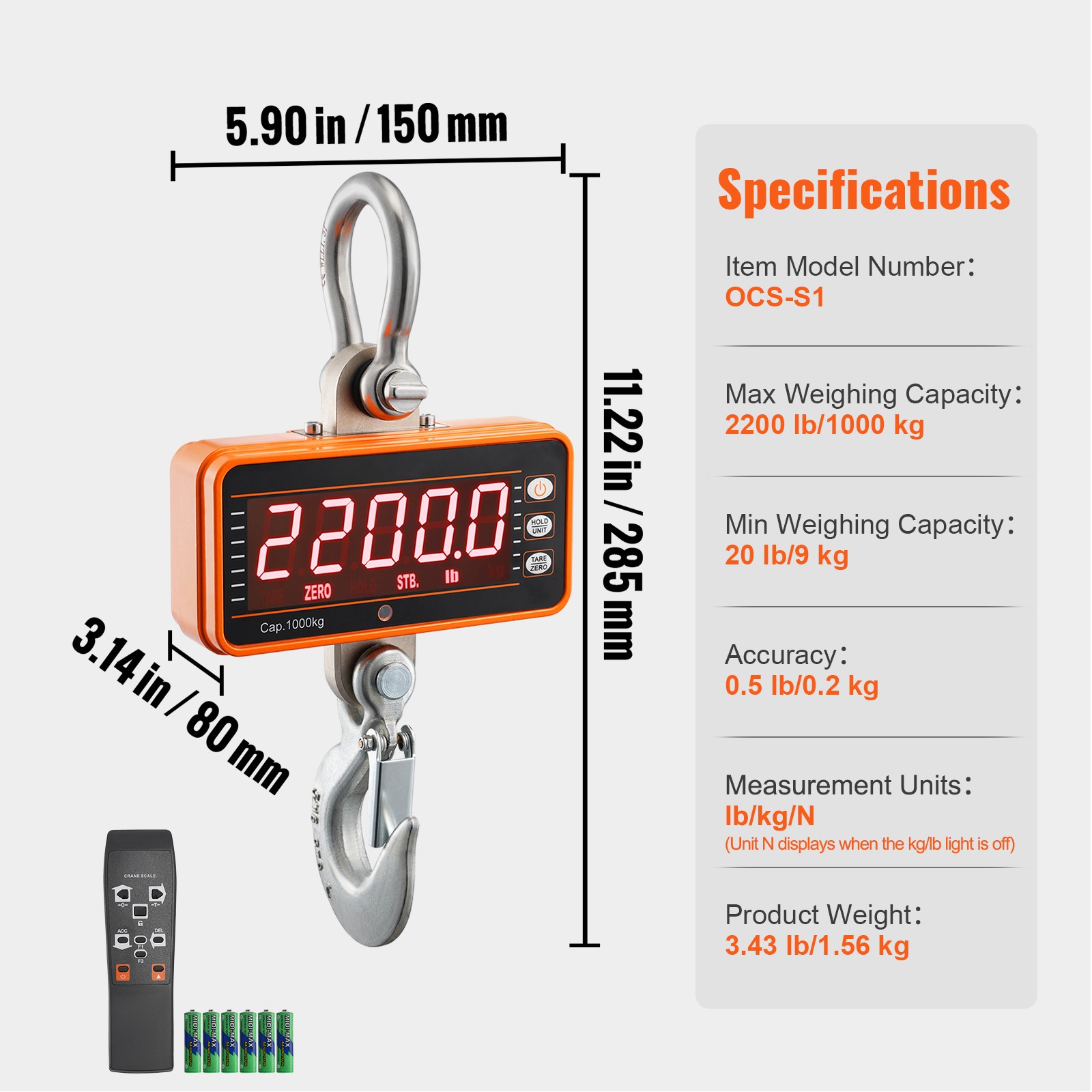 VEVOR Digital Crane Scale Industrial Hanging Scale 2200 lbs/1000 kg Heavy Duty