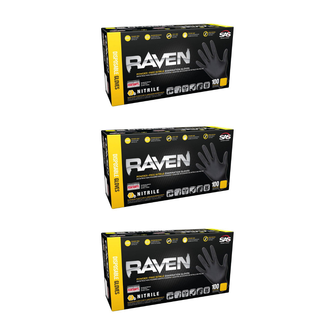 SAS Raven Black Nitrile Gloves Powder Free 7mil BUNDLE OF 3 (100 Gloves/Box) XL