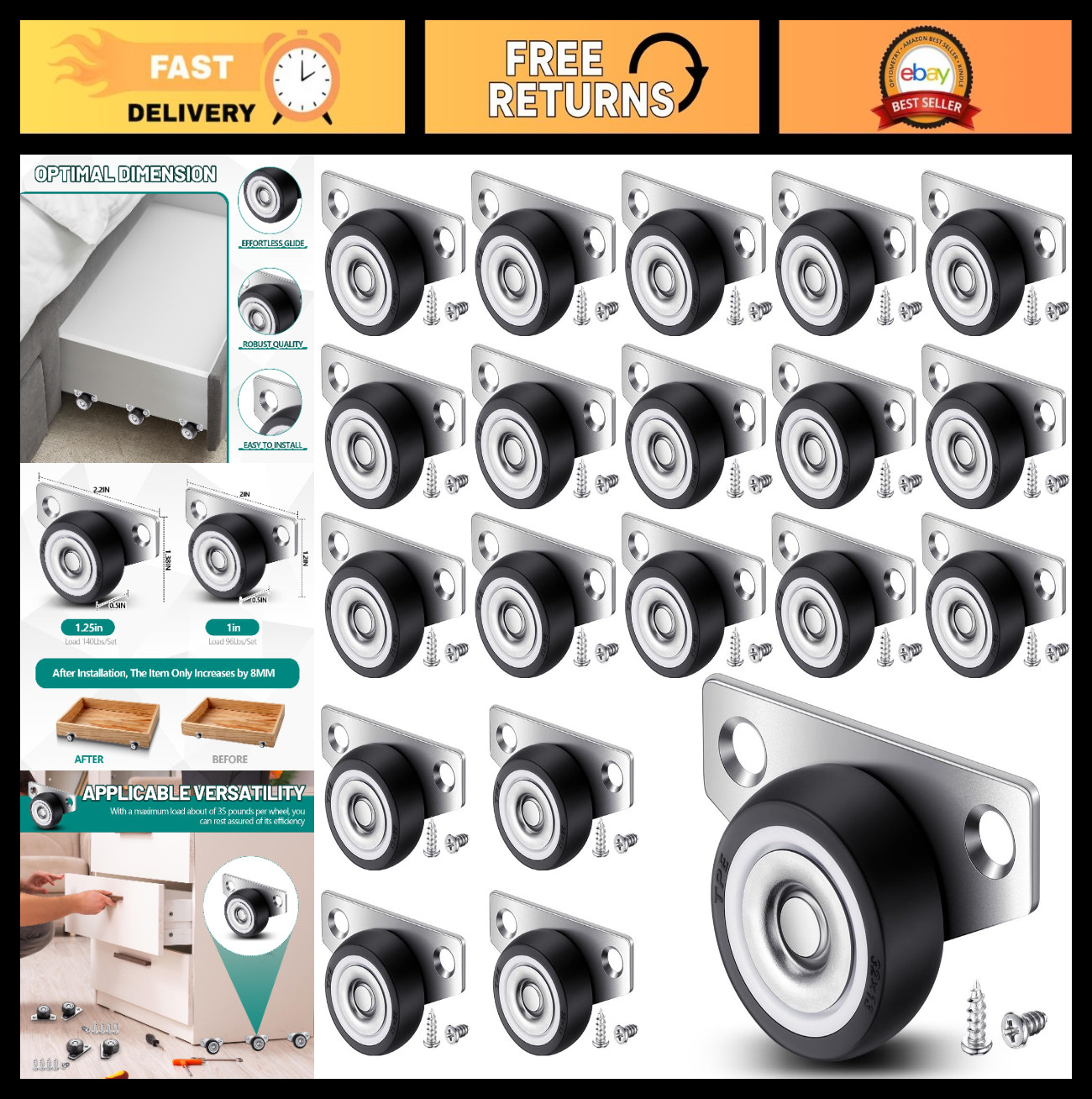 20 Set 1.25″ Mini Low Profile Caster Wheels for Drawers, Furniture, DIY Projects