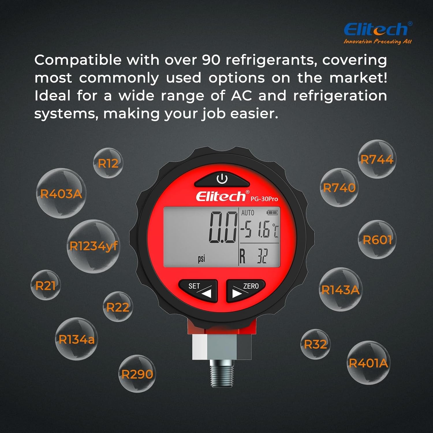 Elitech PG-30Pro Red Refrigeration HVAC Digital Pressure Gauge 87+ Refrigerants