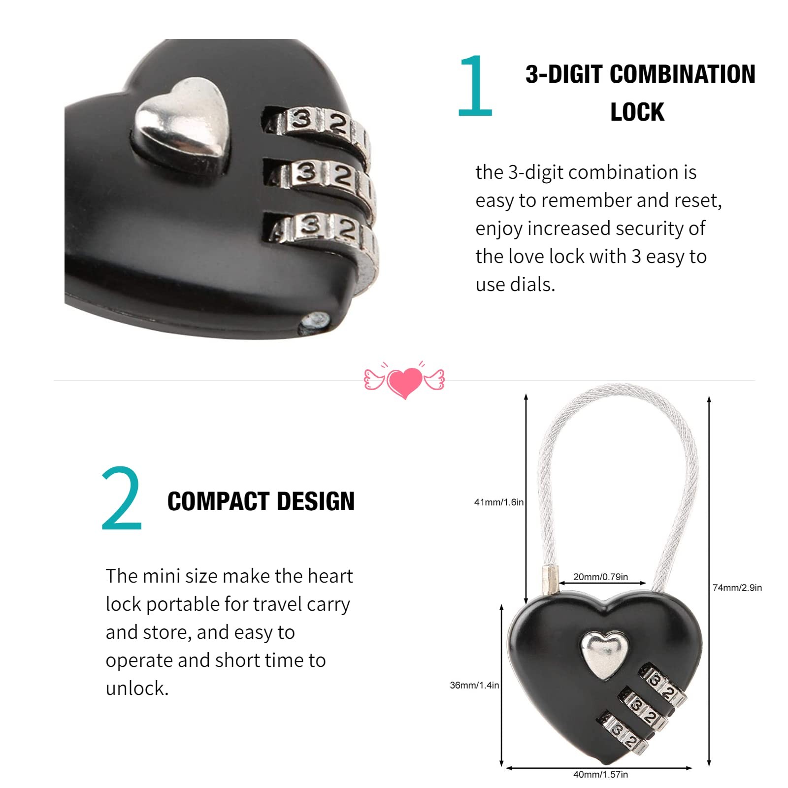 Heart Shape Code Lock Compact mini Size with 3 Digit Combination Black