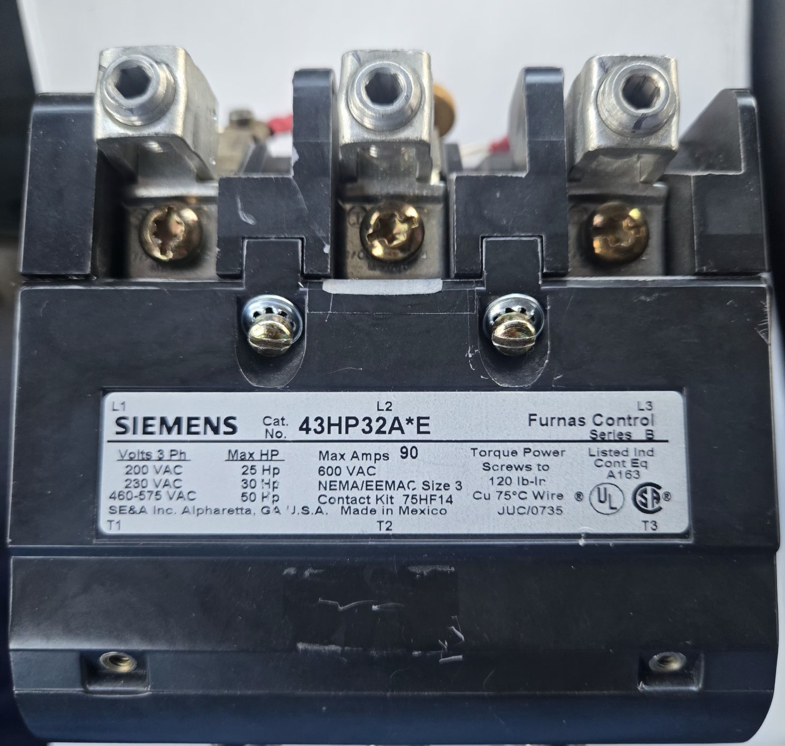 Siemens 43HP32A*E 3-pole, Size 3 NEMA Reversing Magnetic Contactor 90 Amps 50HP