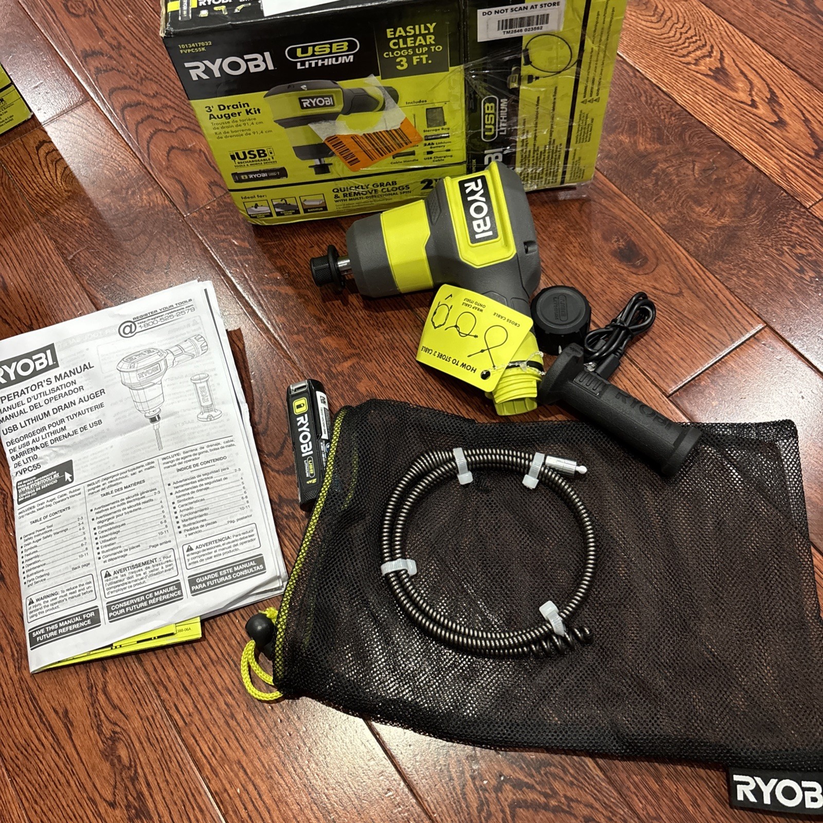 NEW Ryobi Lithium 3’ Drain Auger Kit UsbC 2AH Cordless FVPC55K Full Kit