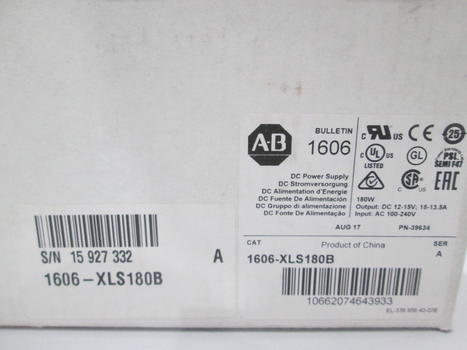 Allen-Bradley, 1606-XLS180B, Power Supply, 12V, 15A, 1-Phase, 180W, NIB