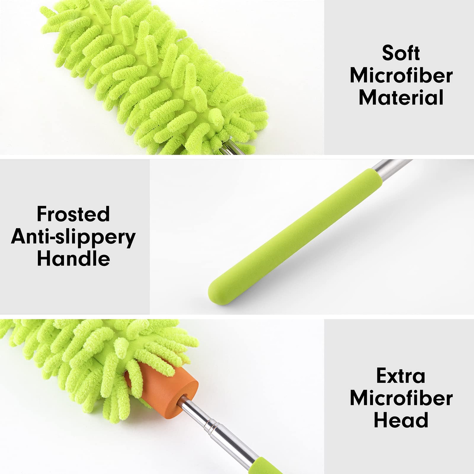 Duster for Cleaning, 10-29″ Extension Pole, 2 Washable 2 Attachments, Green