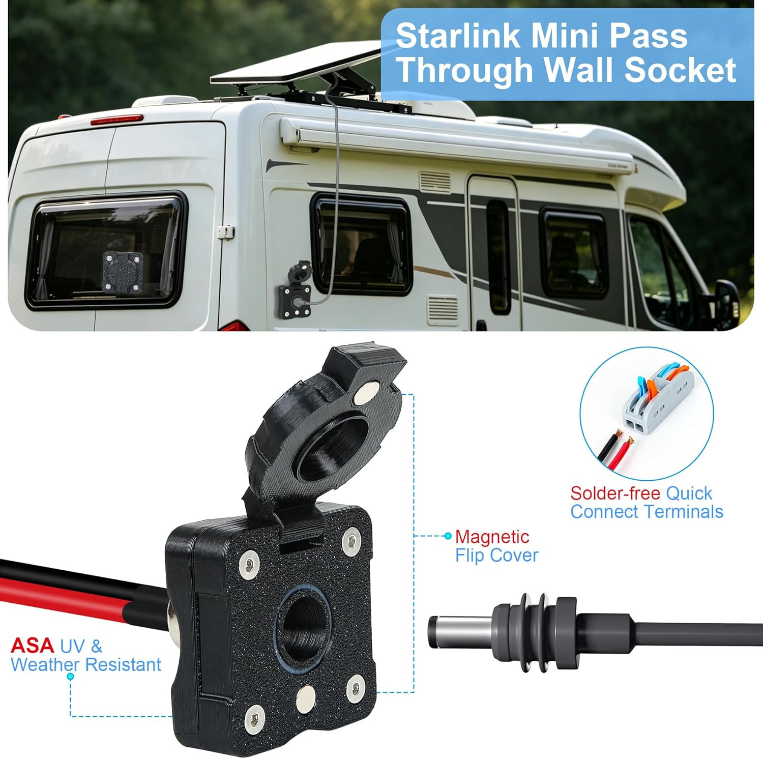 RV Waterproof Cable Pass through Panel Mount for Starlink Mini, ASA DC 5.5X2.1Mm