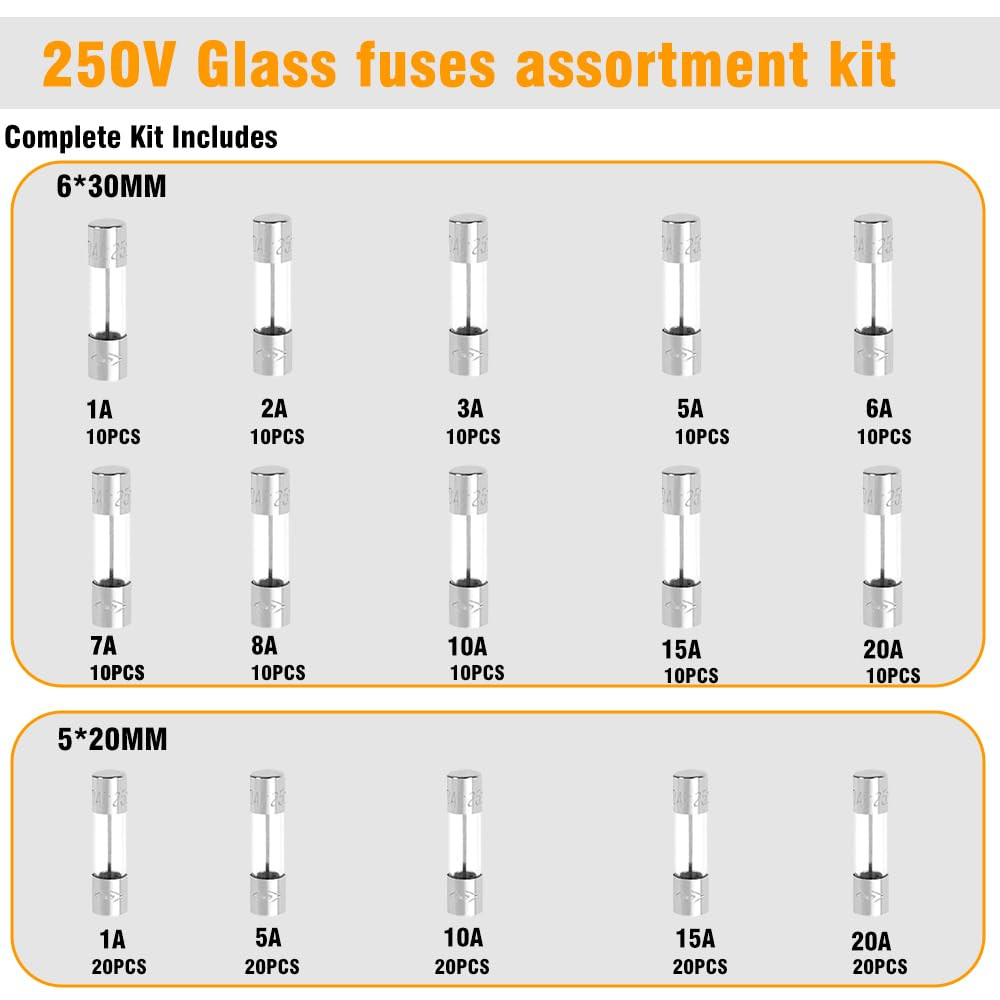 200 Pcs Glass Fuses Assortment Kit – 15 Values Fast Blow Fuses,250V 1A, 2A, 3A