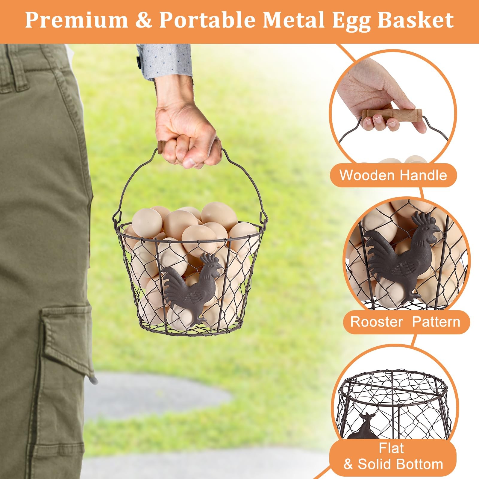 3 PCS 8’’ Farmhouse Egg Collecting Basket with Wood Handle, Rustic Metal Wire…