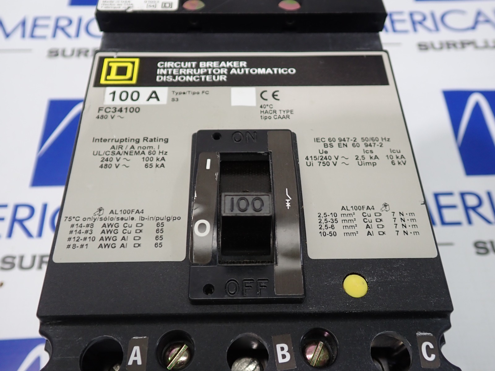 Square D FC34100 3 Pole 100 Amp 480 Volt 65kA I-Line Circuit Breaker – Tested