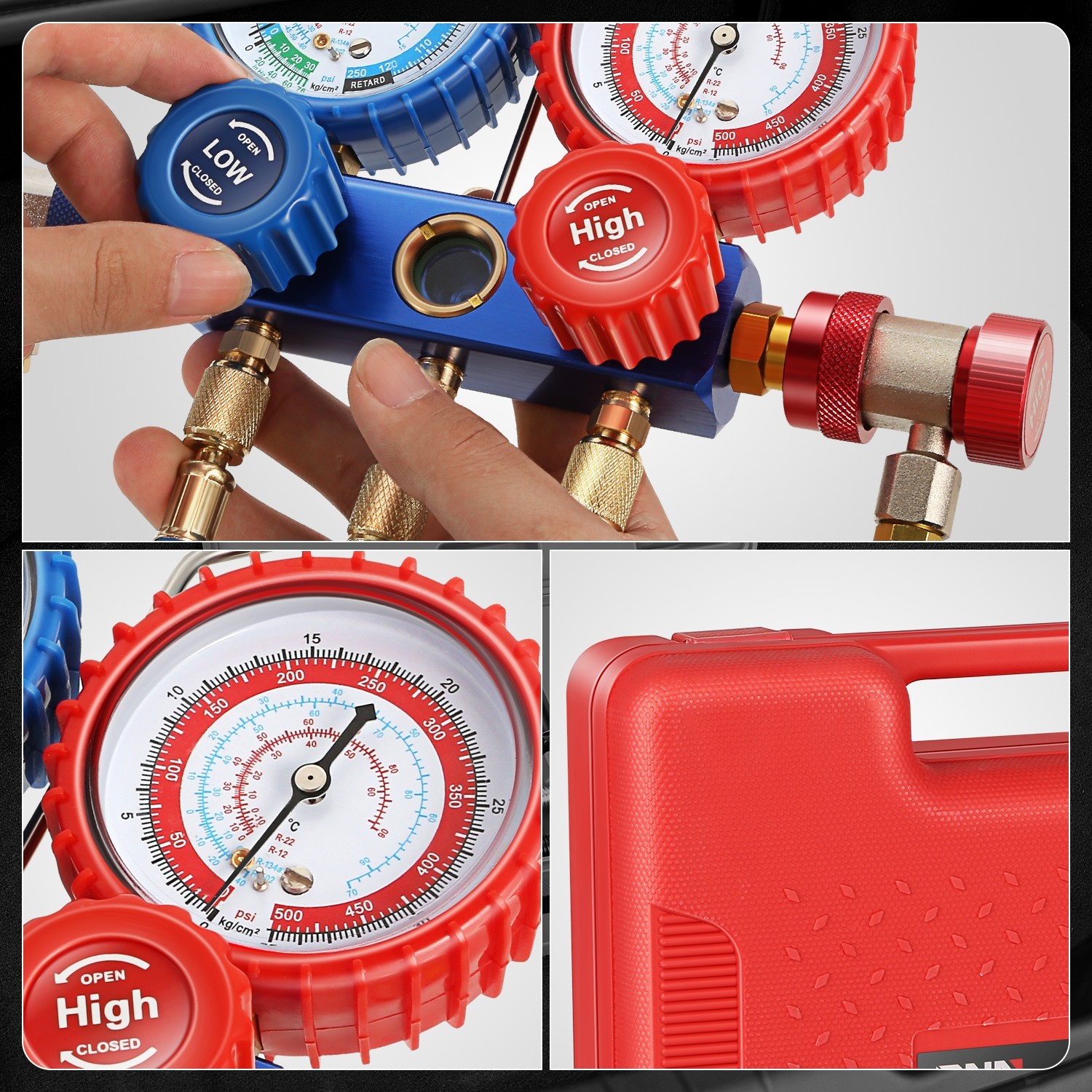 For R134A R-22 R410A R404A Refrigeration Charging 3 Way AC Manifold Gauge Set
