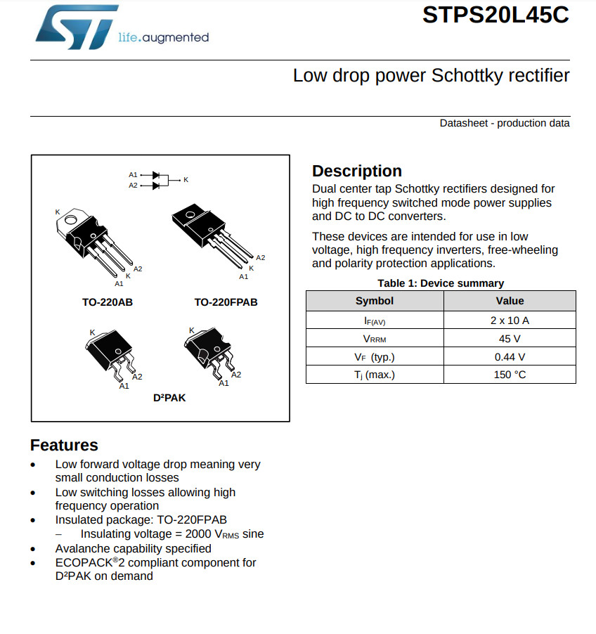 5PCS STPS20L45CT STM Low Drop Power Schottky Rectifier 45V 20A TO-220
