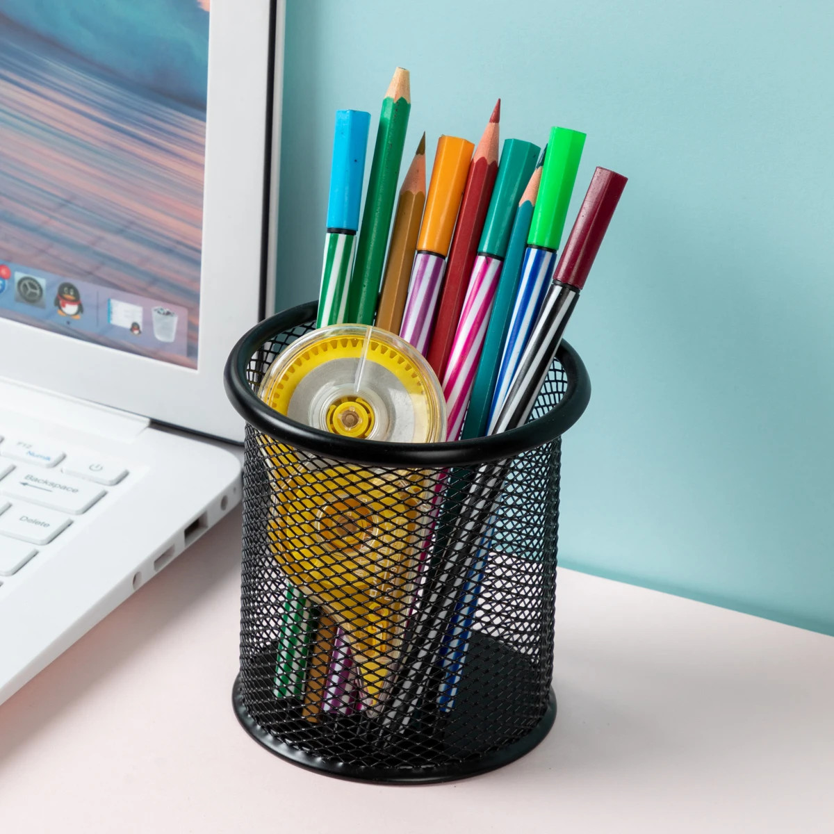 1Pcs Pencil Holder Office Desk Metal Mesh Square Round Pen Pot Cup Case