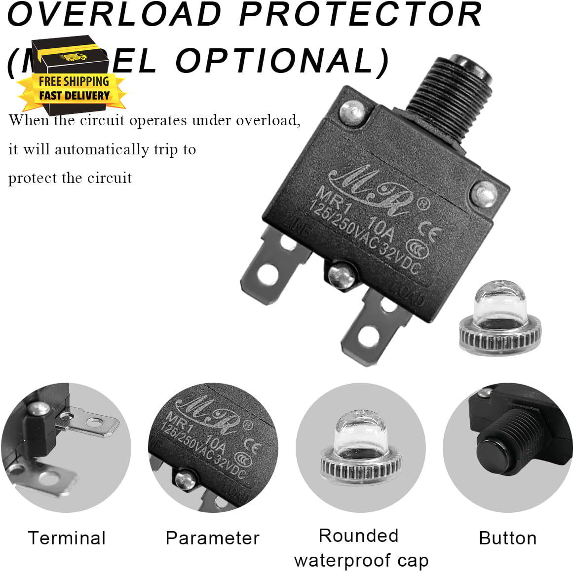 5 PCS , 125/250V AC 32V DC 10A Circuit Breaker with Manual Reset Push Button, Ov