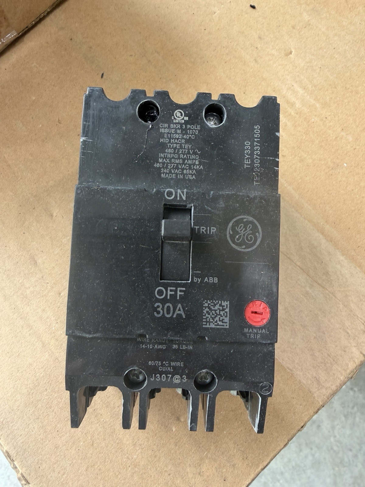 GE ABB TEY330 30A 3‑Pole Circuit Breaker 480Y/277V New Surplus UL