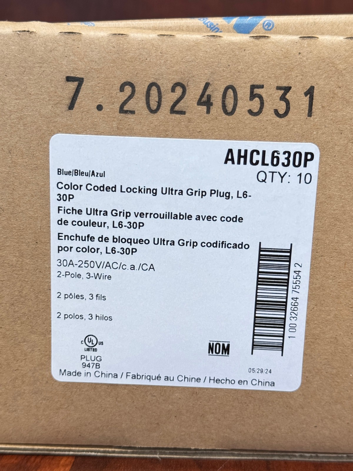 Eaton AHCL630P 30A 250V Blue Black Twist Lock Plug L6-30P Ultra Grip Industrial