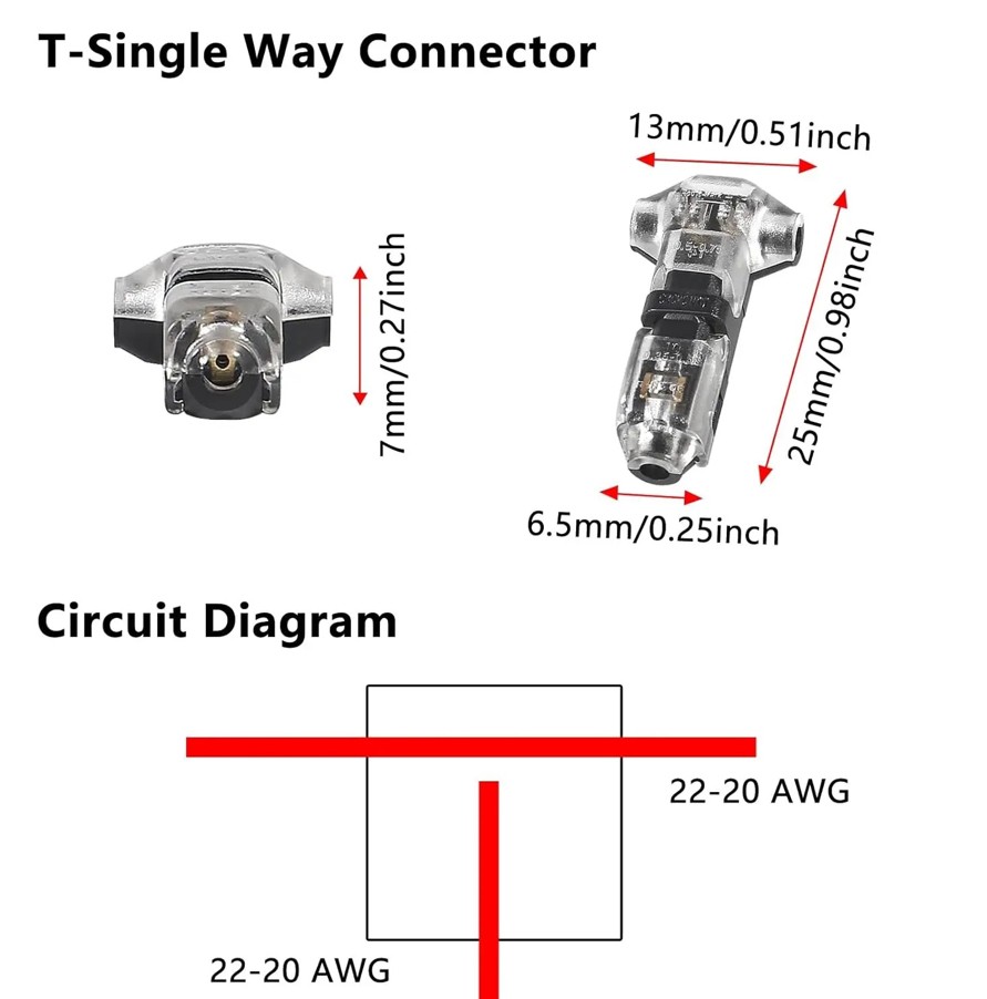 40PC 2-Pin+1-Pin T-Tap Wire Connectors,Clear,Solderless 3-Way AWG 24–20/18