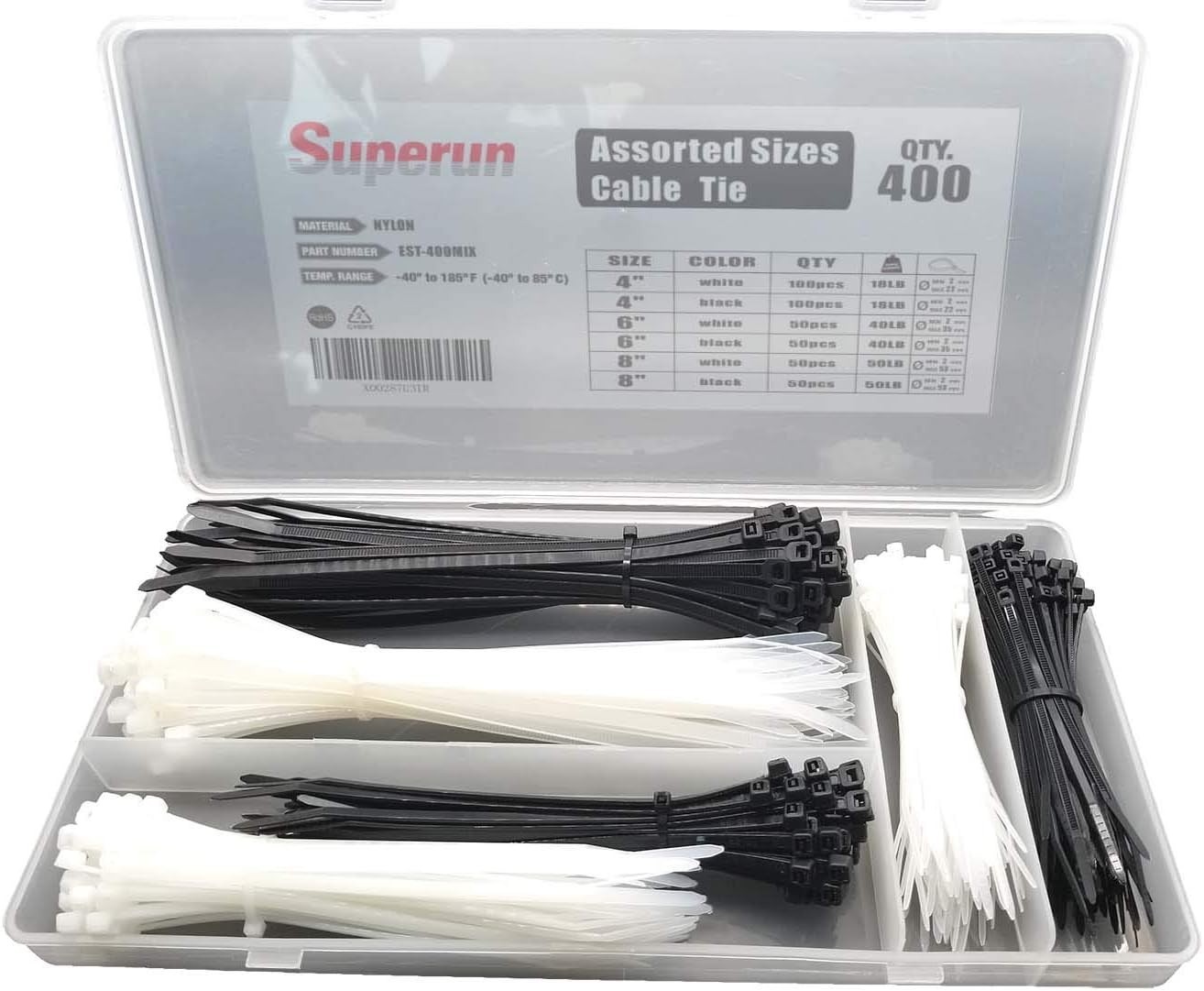 400 Pack Zip Tie Kit Assorted Sizes Black & White Wire Tie Set (4, 6, 8 Inch)