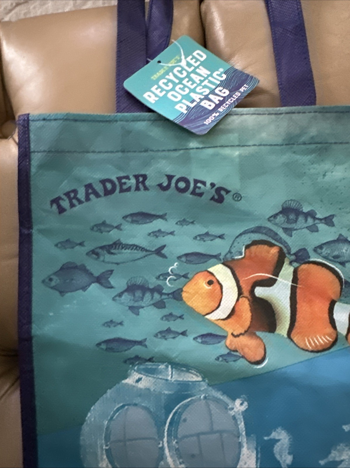 NWT Trader Joe’s Bag Reusable Shopping Ocean Theme Recycled Plastic Blue