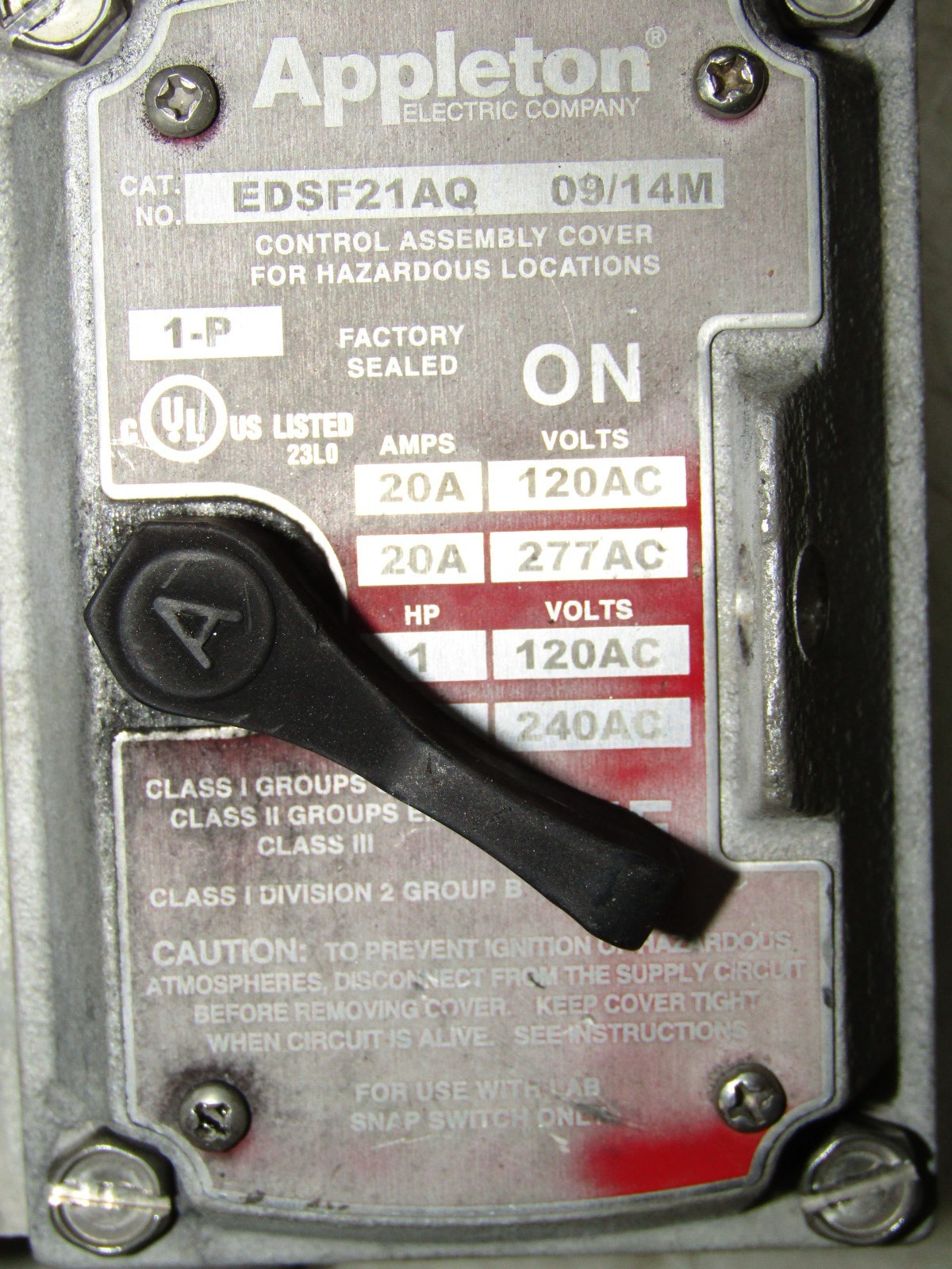 🙌APPLETON 20 AMP EXPLOSION PROOF SNAP SWITCH 120/277 VAC EDSF21AQ EDSC372SA