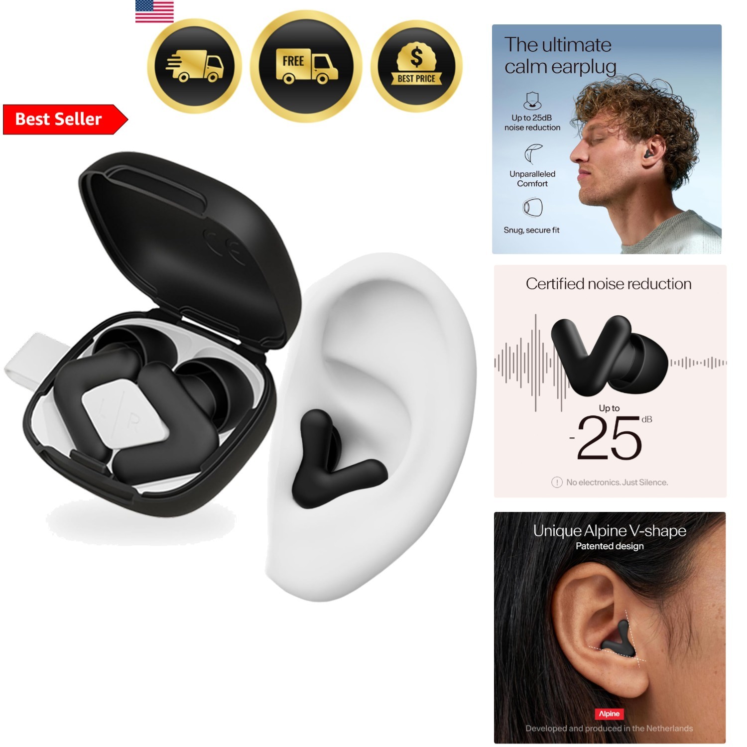 Alpine Silence Earplugs for Sleep, Focus & Travel – V-Shape Snug Fit & Soft O…