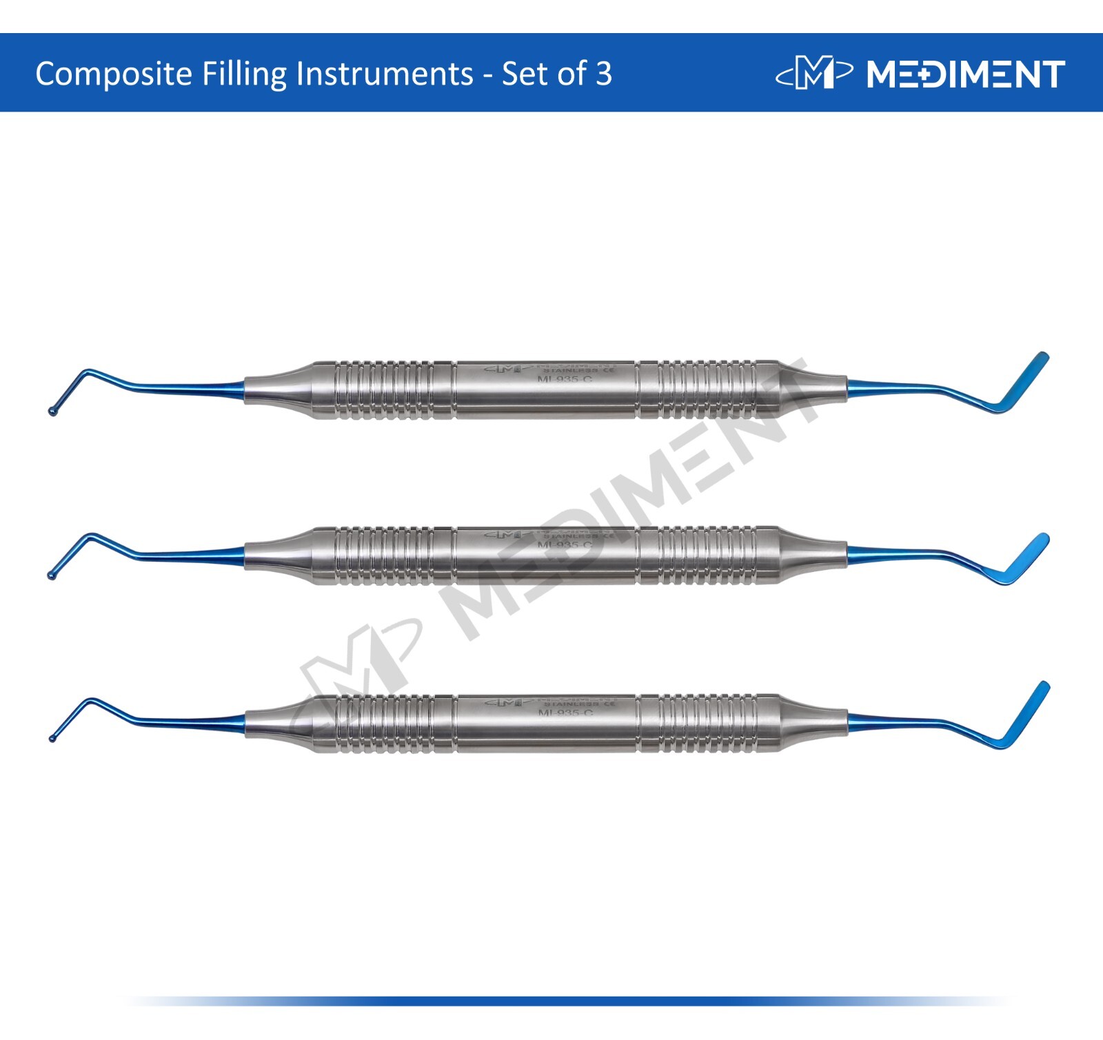 3 Pcs Dental Composite Filling Instrument Blue Titanium Coated Restorative Kit