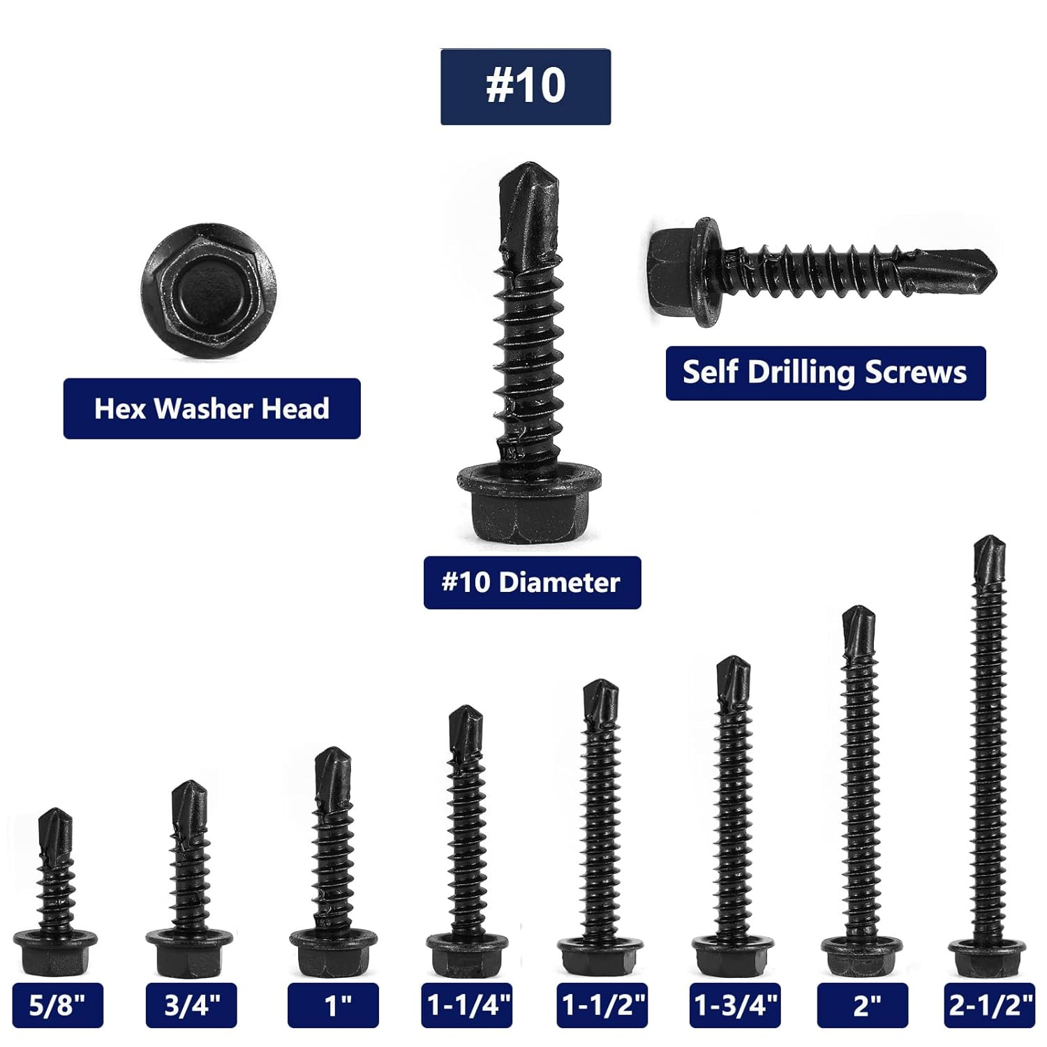 #10 X 3/4″ Sheet Metal Screws 100PCS 410 Stainless Steel Hex Washer Head Tek Scr