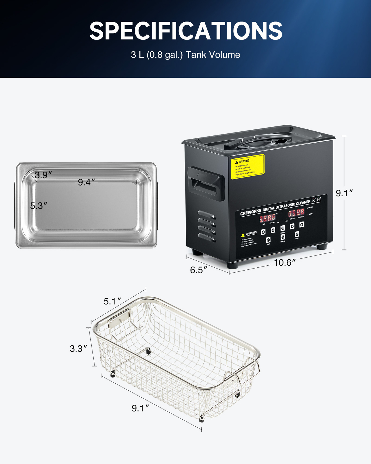 CREWORKS 3L Ultrasonic Cleaner Titanium Steel 300W Heater w/ Degas & Gentle Mode