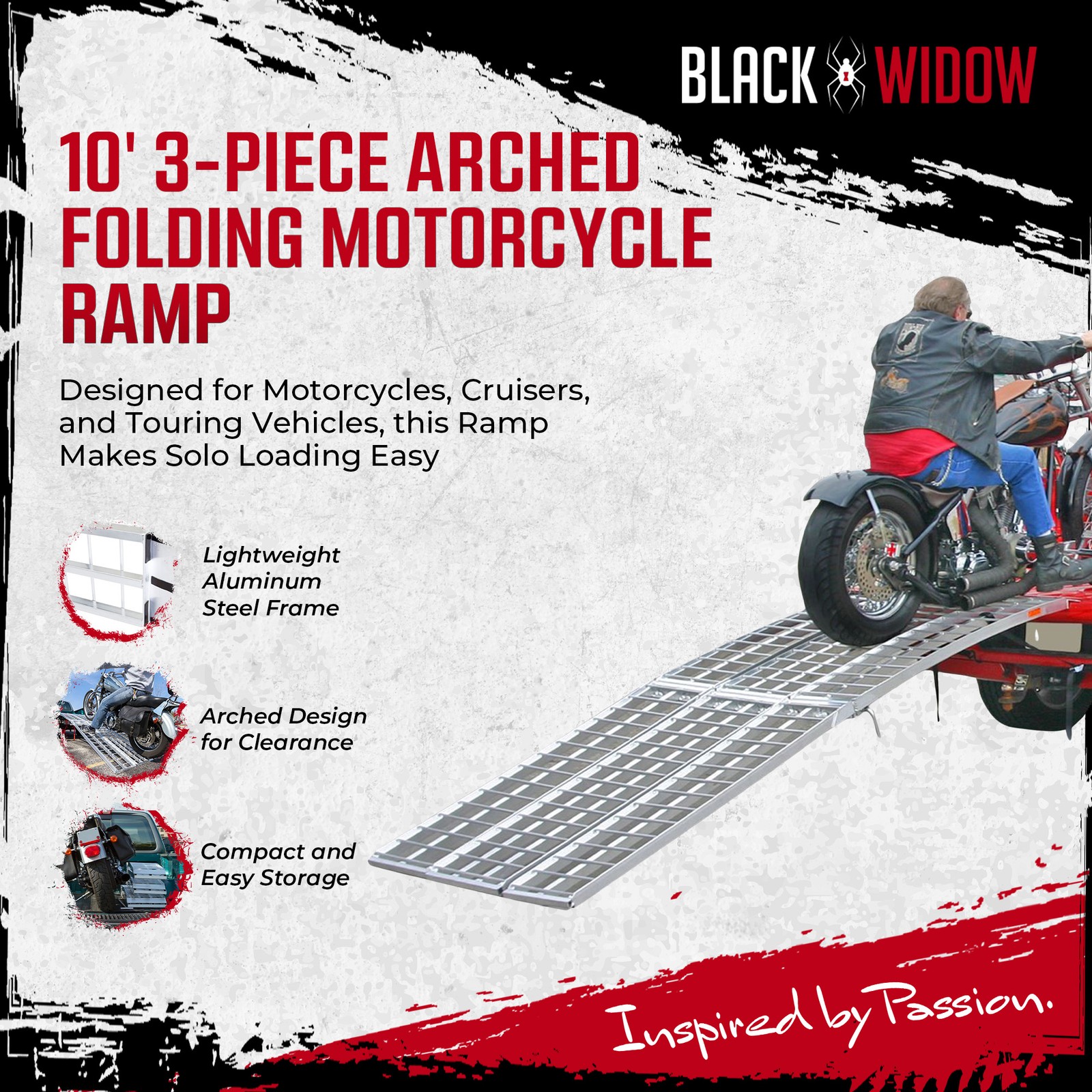 Black Widow 10′ Folding Motorcycle Ramp for Pickup Truck, Arched 3 Pieces Silver