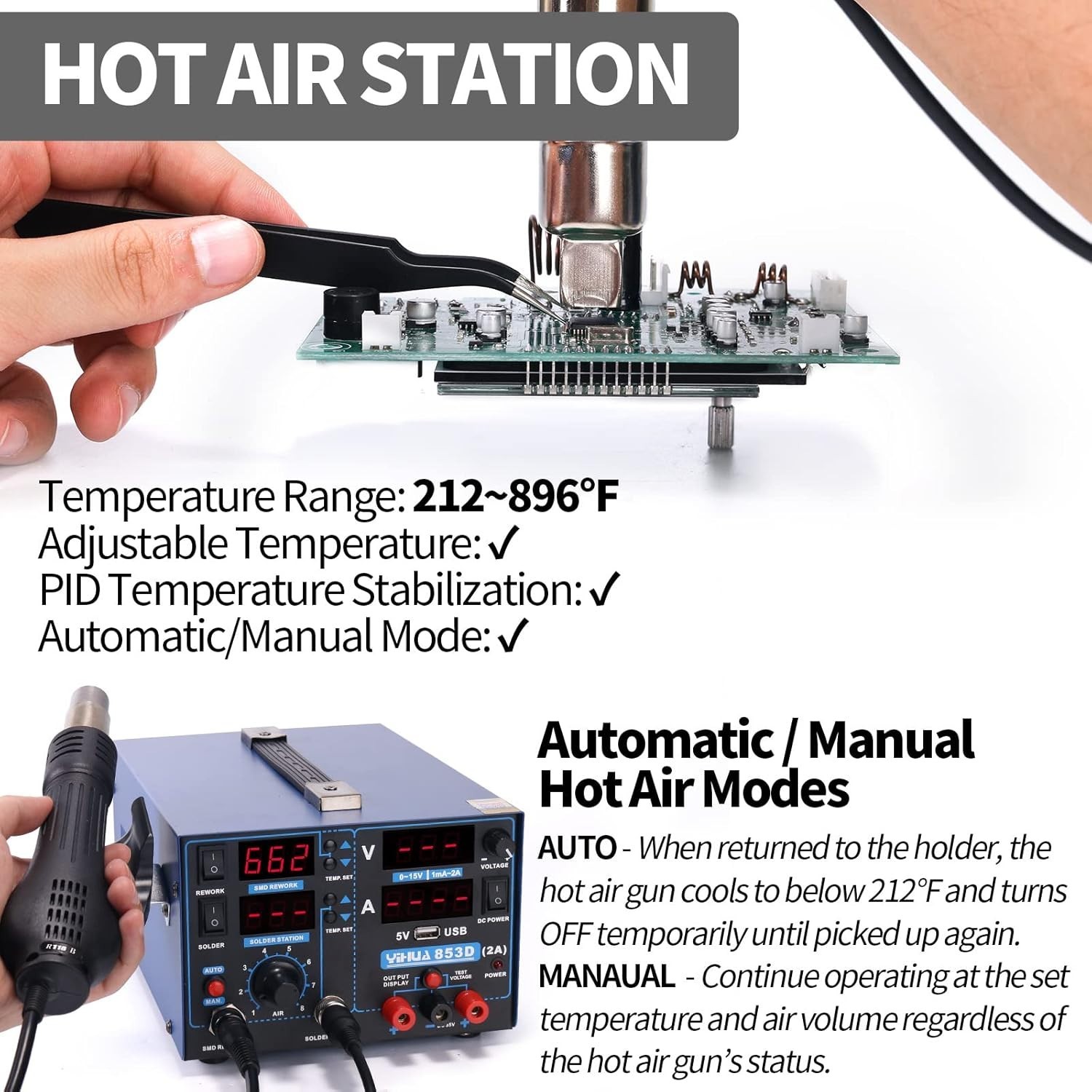 Versatile 3-in-1 Soldering, Rework, and Power Supply Station with PID Control