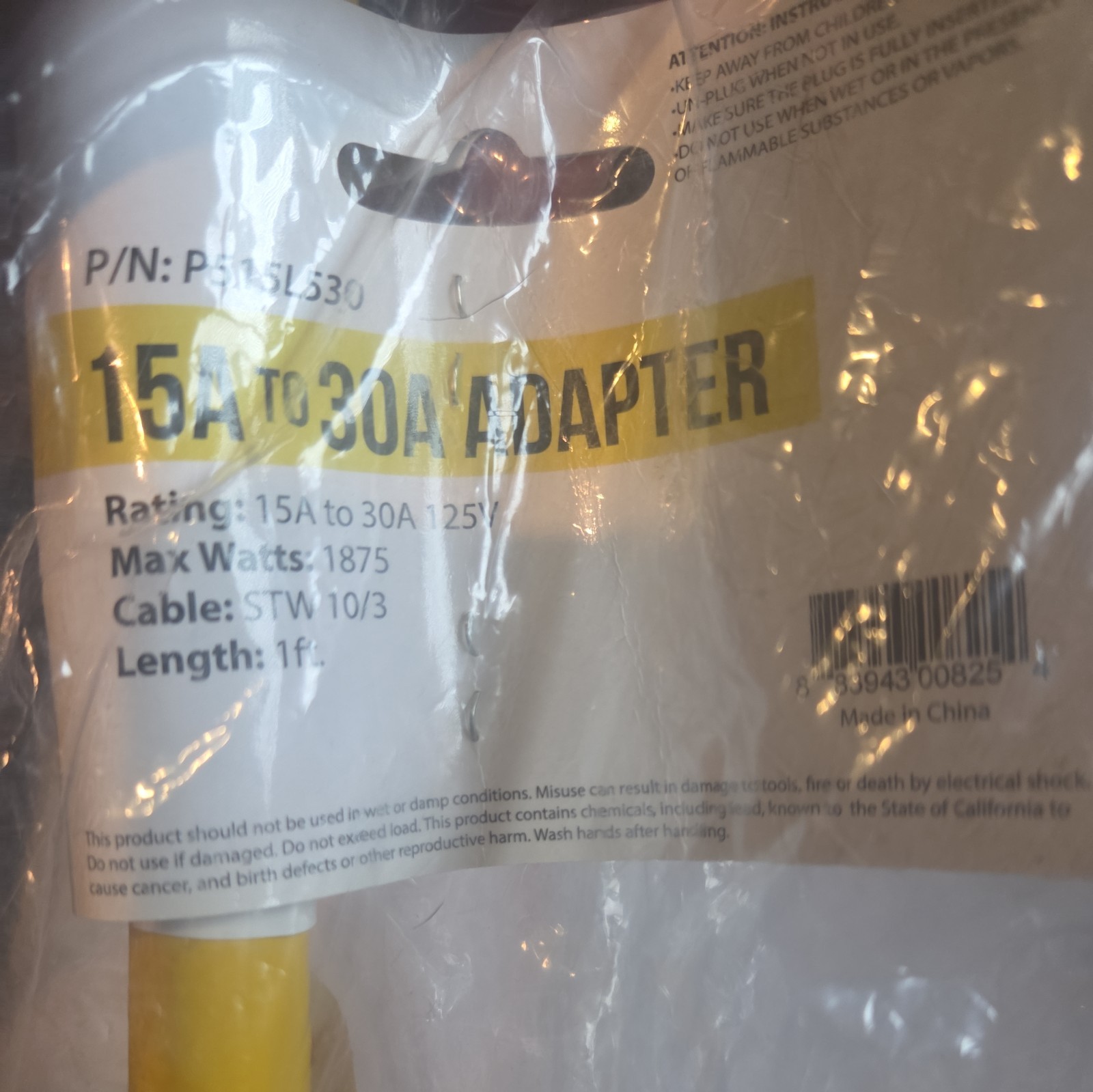 Conntek P515L530 1-Feet Generator Adapter 125 V Male-to-Female Connector Yellow