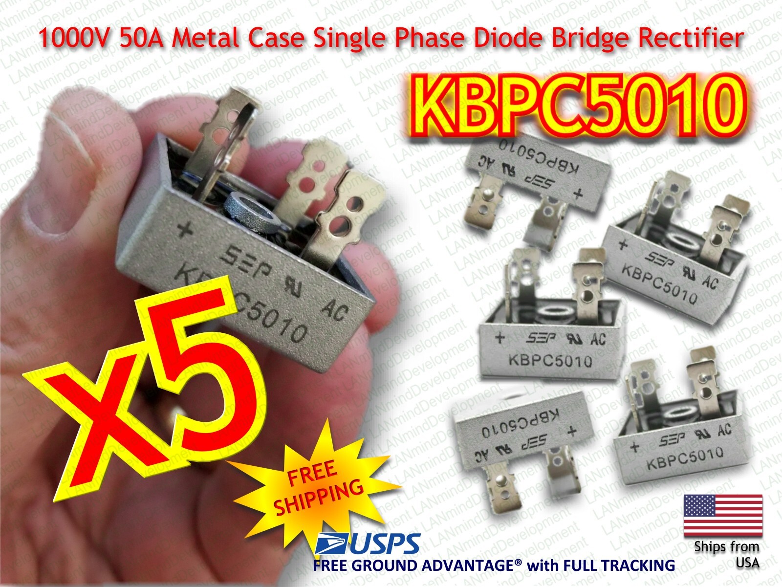 5Pcs 1000V 50A Metal Case Single Phase Diode Bridge Rectifier – FREE SHIPPING