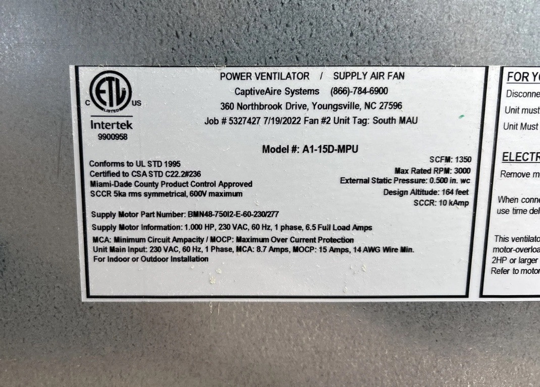 NEW CAPTIVE AIRE Make Up Air Unit Includes A/C Unit 220v 1 Phase