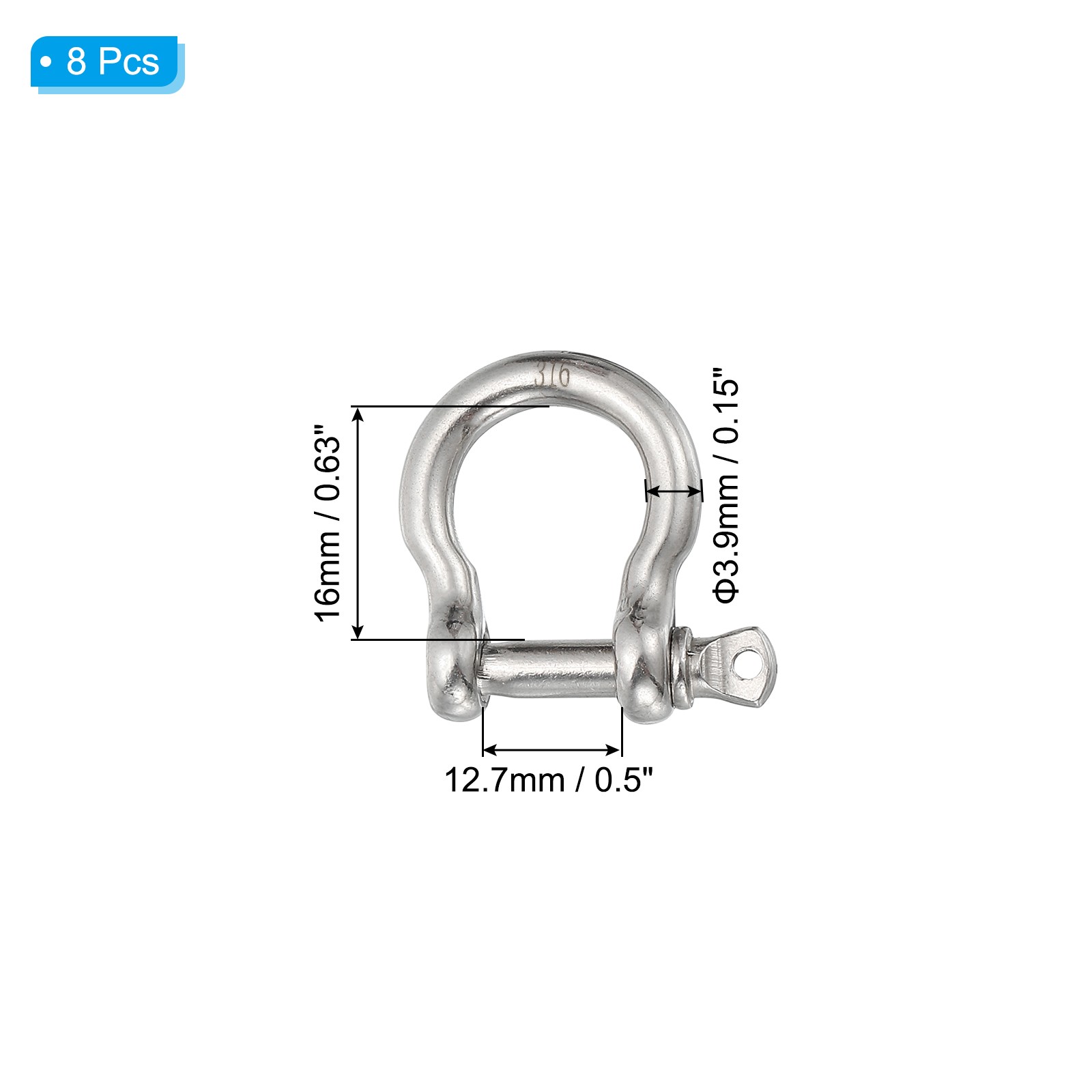 8 x Screw Pin Shackle 3.9mm 1/8″ 220lb Forged Bow Shackle Marine Grade Silver