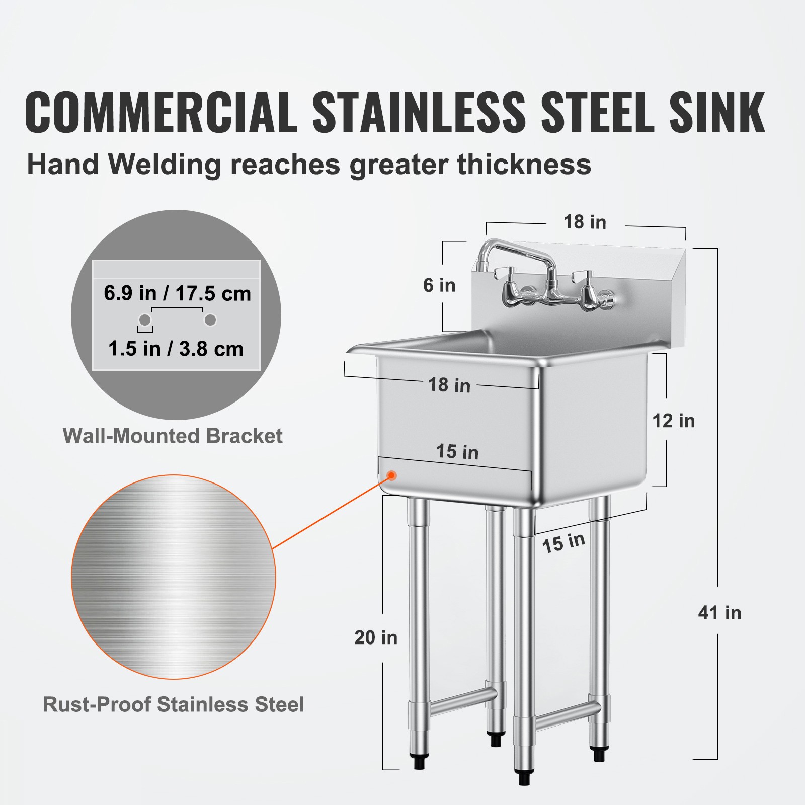 VEVOR 15″x15″ Commercial Utility & Prep Sink 1 Compartment Stainless Steel NSF