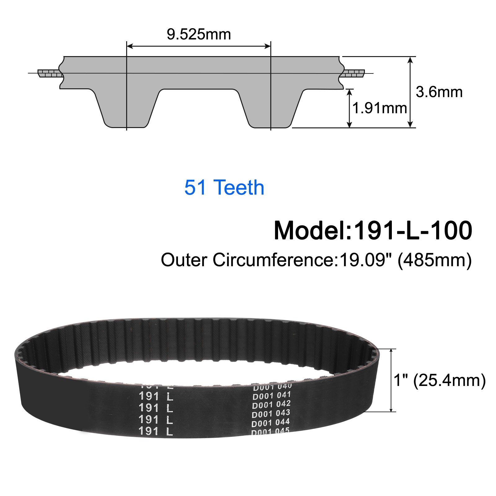 191-L-100 l Timing Belt 19.09″ Pitch Length x 1″ Width, 51 Teeth