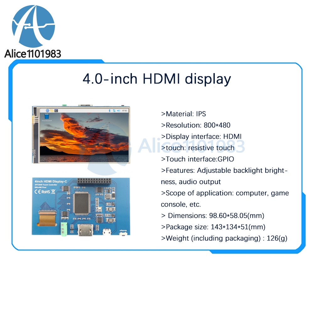 4″ LCD Touch Screen Display Module 800*480 TFT IPS for Raspberry Pi 3 4 B/B+