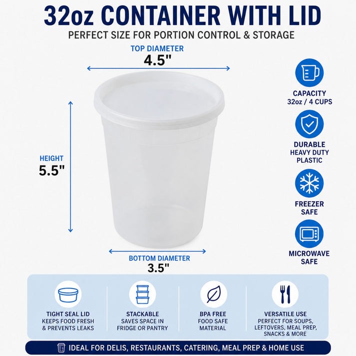 32 oz Heavy Duty Large Round Deli Food/Soup Plastic Containers w/ Lids BPA free
